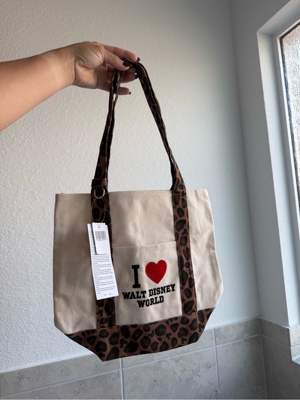 Disney Beige Canvas Tote with Red Heart and Leopard Trim
